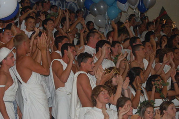 2010 Seniors, dressed in togas, show their Hurricane spirit at this year's pep rally.
