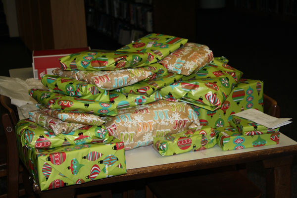 Wrapped presents for one of the families for Adopt-A-Family