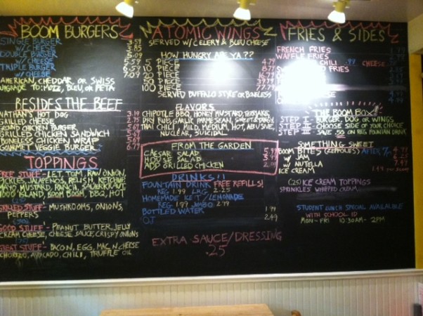 The Boom Burger menu. 