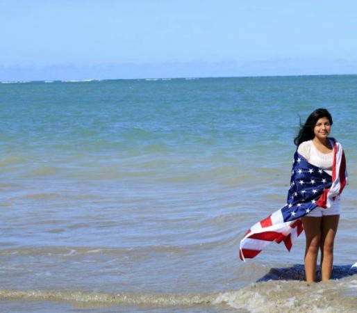 Jenny representing her country at one of Brazil's beautiful beaches.  