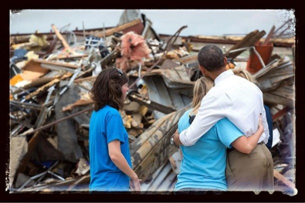 President Obama hugging principal Amy Simpson outside Plaza Towers Elementary School in Moore, Oklahoma.