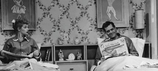 Lucille Ball (Lucy) and her husband on and off screen Desi Arnaz (Ricky) sleeping in seperate beds.
Courtesy of http://www.cosmopolitan.com/celebrity/news/sleeping-apart