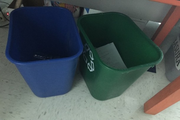 The green and blue bins typically used for recycling.