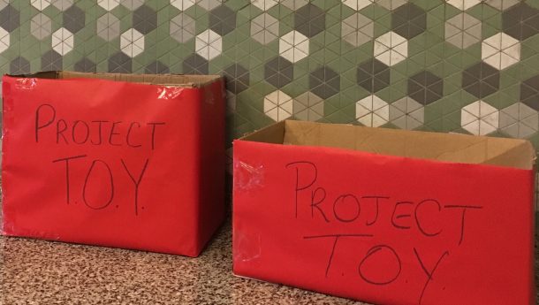 Toys For Tots boxes in lobby