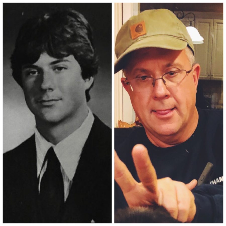 Kevin's senior portrait (left) and Kevin today (right). 