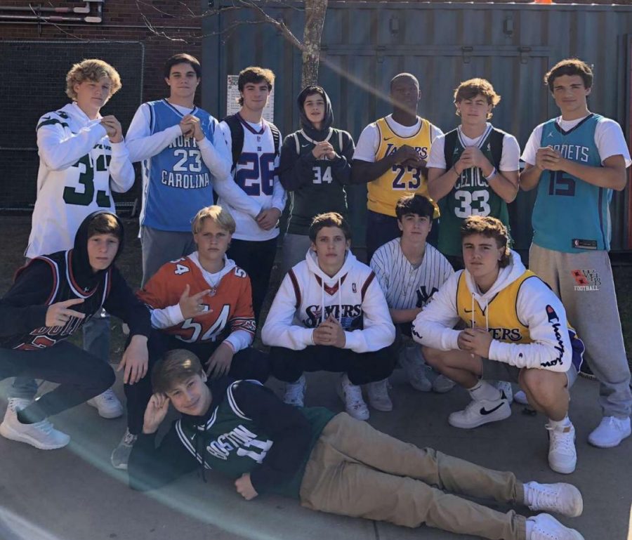 Sophomore+Boys+dressed+for+Jersey+Day+on+Thursday+instead+of+Character+Day