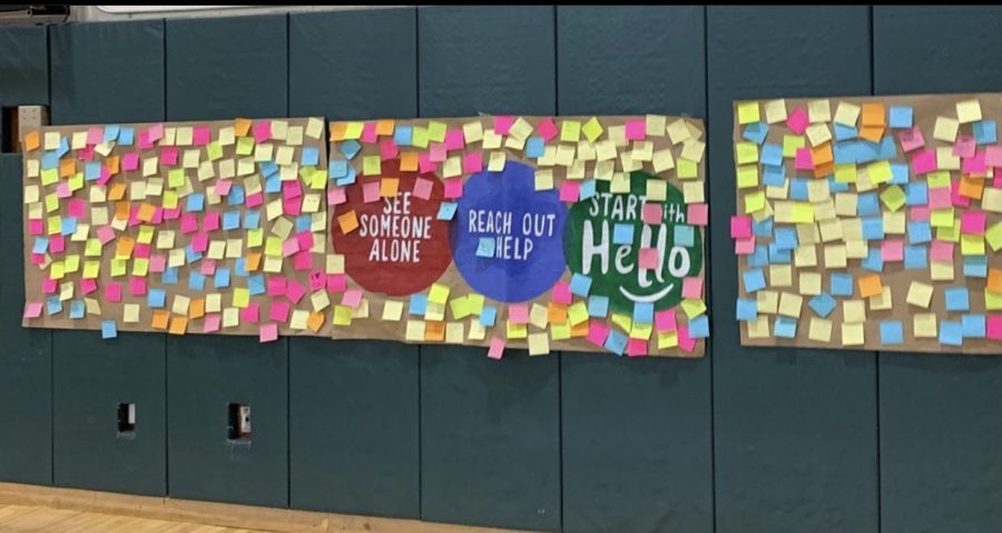 Start With Hello banner in the gym with positive notes for WHB students.