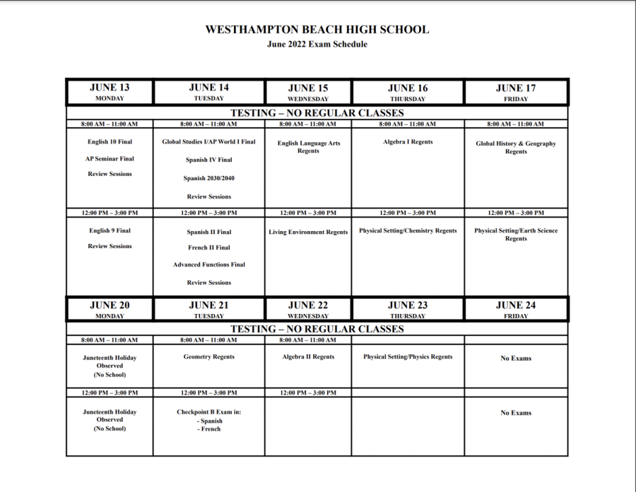 June 2022 Regents Schedule